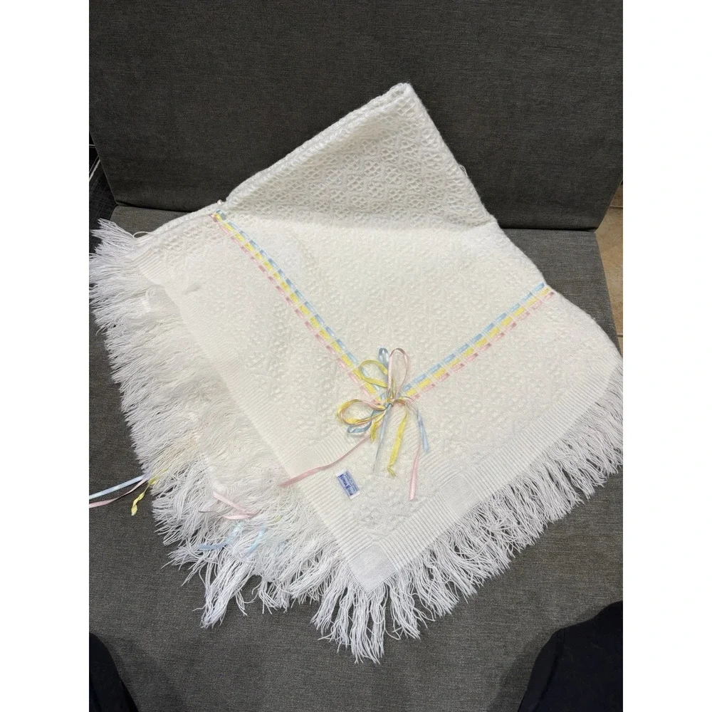 Vintage Neiman Marcus Made In Spain White With Rainbow Ribbon‎ Knit Blanket